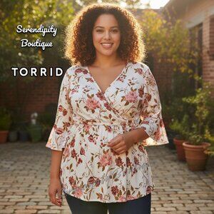 TORRID Pastel Floral Suplice Challis Elastic Waist Feminine Babydoll Blouse Top